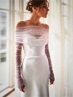 Elegant Off-Shoulder White Pearl-Embellished wrap with fingerless gloves